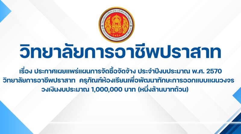 ประกาศเผยแพร่แผนการจัดซื้อจัดจ้าง ประจำปีงบประมาณ พ.ศ. 2570 วิทยาลัยการอาชีพปราสาท ครุภัณฑ์ห้องเรียนเพื่อพัฒนาทักษะการออกแบบแผนวงจรอิเล็กทรอนิกส์ วงเงินงบประมาณ 1,000,000 บาท (หนึ่งล้านบาทถ้วน)