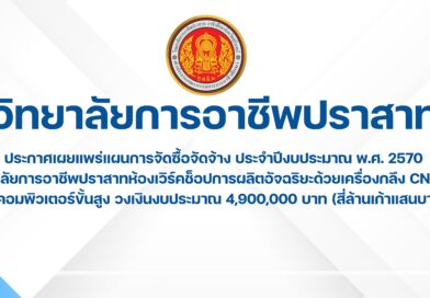 ประกาศเผยแพร่แผนการจัดซื้อจัดจ้าง ประจำปีงบประมาณ พ.ศ. 2570 วิทยาลัยการอาชีพปราสาท ห้องเวิร์คช็อปการผลิตอัจฉริยะด้วยเครื่องกลึง CNC พร้อมคอมพิวเตอร์ขั้นสูง วงเงินงบประมาณ 4,900,000 บาท (สี่ล้านเก้าแสนบาทถ้วน)