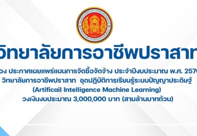 ประกาศเผยแพร่แผนการจัดซื้อจัดจ้าง ประจำปีงบประมาณ พ.ศ. 2570 วิทยาลัยการอาชีพปราสาท ชุดปฏิบัติการเรียนรู้ระบบปัญญาประดิษฐ์ (Artificail Intelligence Machine Learning) วงเงินงบประมาณ 3,000,000 บาท (สามล้านบาทถ้วน)
